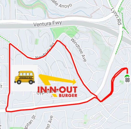 Picture of strava map with logo of In-N-Out overlaying it. Also a small picture of a bus.